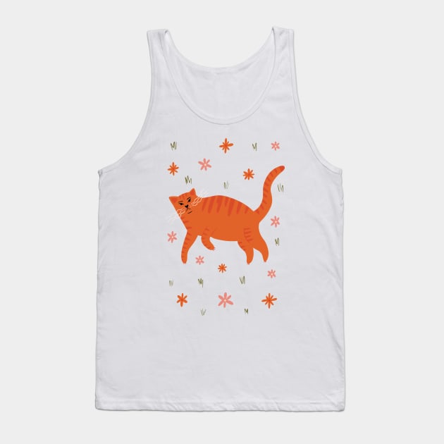 Cool orange cat in flower field illustration Tank Top by WeirdyTales